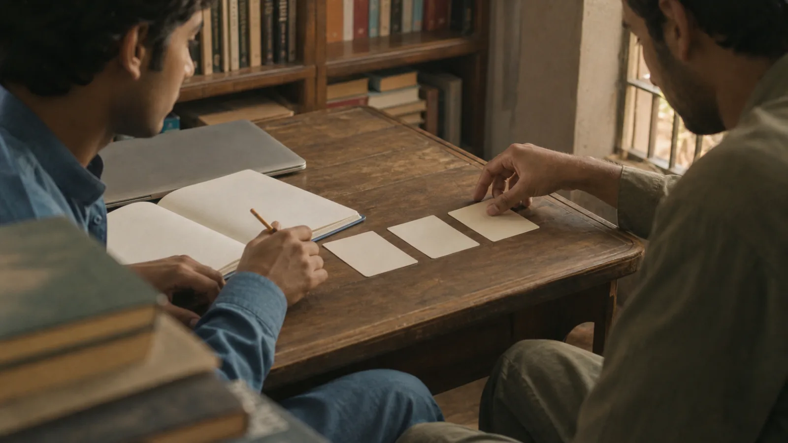 AI-generated editorial illustration of two learners arranging study cards beside a notebook and laptop